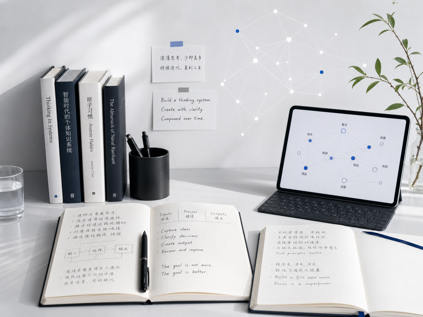 Editorial desk with books, bilingual notes, and an abstract AI knowledge map